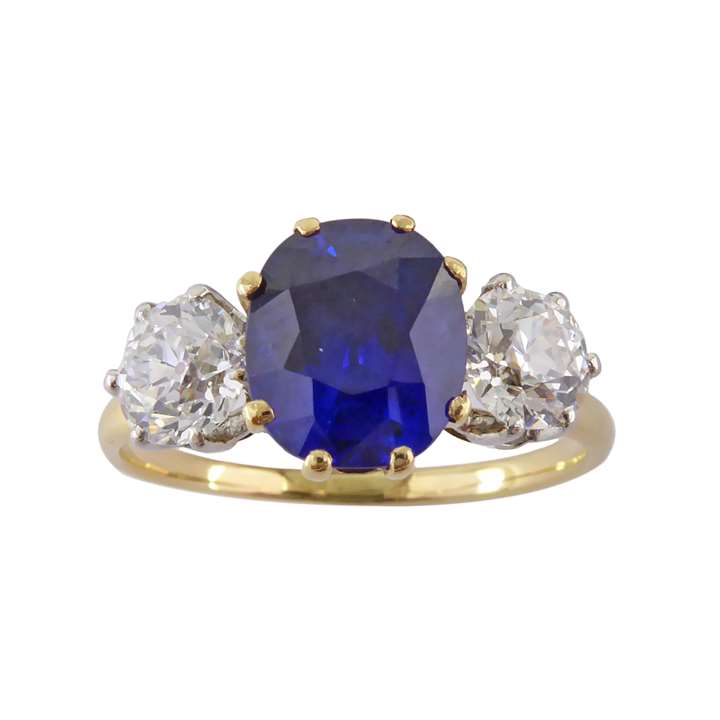 Cushion cut sapphire and diamond three stone ring, the Burma sapphire of 1.90ct